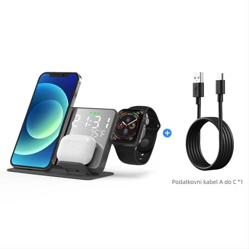 4-u-1 bežični punjač s LED digitalnim budilnikom i zrcalom za iPhone 16/17, Apple Watch i slušalice — 15W, QC4.0, magnetsko punjenje