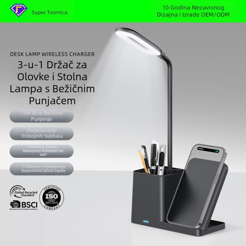 Tri u jednoj stolnoj lampi s držačem za olovke i bežičnim punjačem, 15W brzo punjenje, tri temperature svjetla, neprekidno podešavanje jačine svjetla, integrirano bežično punjenje