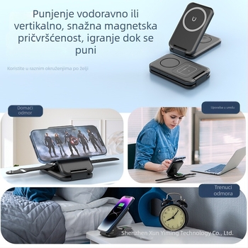 Bežični punjač 3-u-1 s MagSafe magnetskim punjenjem, prijenosni sklopivi držač, QC3.0 brzo punjenje, maksimalna izlazna snaga 15W