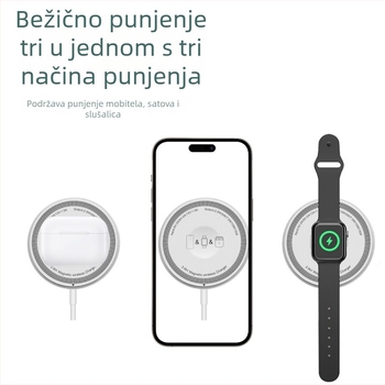 Bežično 15W magnetsko punjač s dvostrukim portom – za slušalice i sat, 3-u-1 bežično punjenje