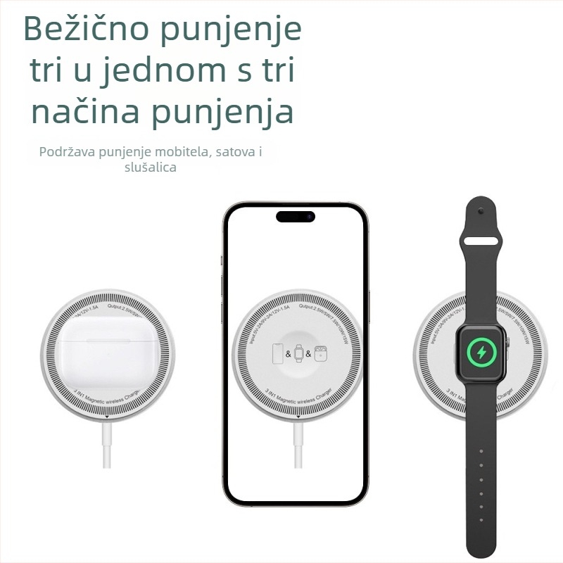 Bežično 15W magnetsko punjač s dvostrukim portom – za slušalice i sat, 3-u-1 bežično punjenje