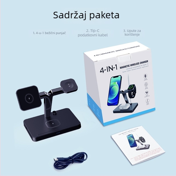 3-u-1 magnetsko bežični punjač za Apple Watch i AirPods (ukupna snaga 27W, magnetsko punjenje, QC3.0, 9V/3A)