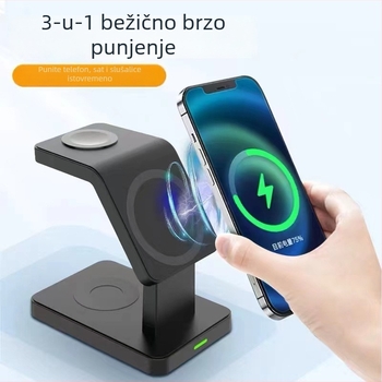 Magnetni 3-u-1 stolni bežični punjač s uspravnim stalkom za sat i slušalice, QC3.0 brzo punjenje, izlaz 2A, maksimalna snaga 15W (ukupna snaga 25W)