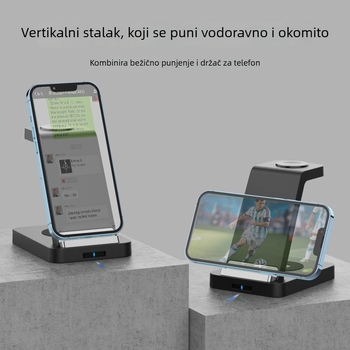 3-u-1 bežični stalk za punjenje sata i telefona, uspravni dizajn, 15W brzo punjenje, QC3.0, 3A, ABS+PC protuklizni silikon