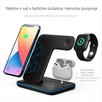 3-u-1 bežični punjač s držačem za iPhone, AirPods i Apple Watch — 15W, QC3.0, ulaz 12V, izlaz 3A