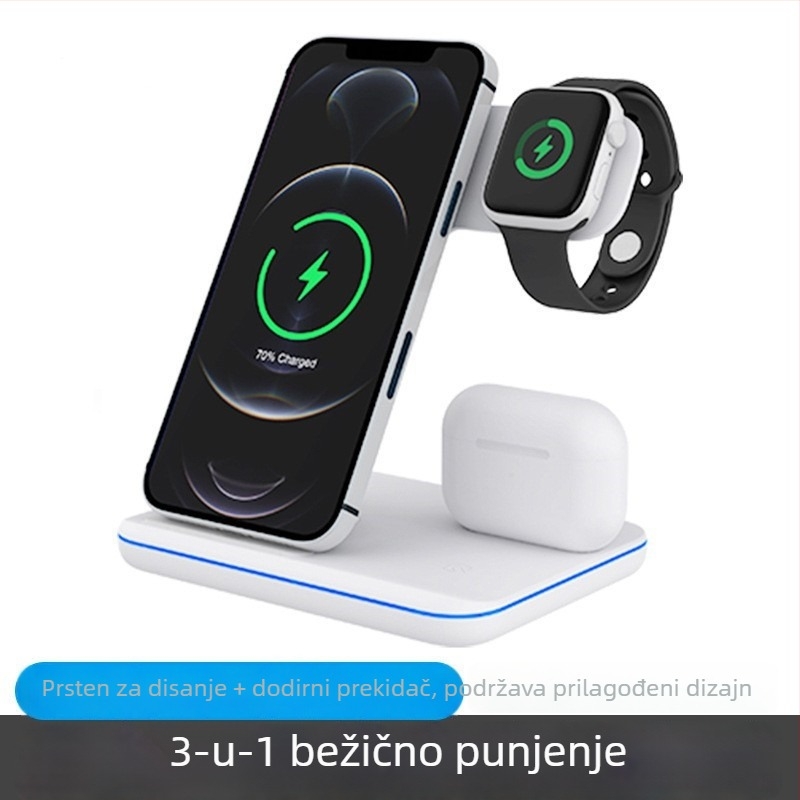 3-u-1 bežični punjač s držačem za iPhone, AirPods i Apple Watch — 15W, QC3.0, ulaz 12V, izlaz 3A