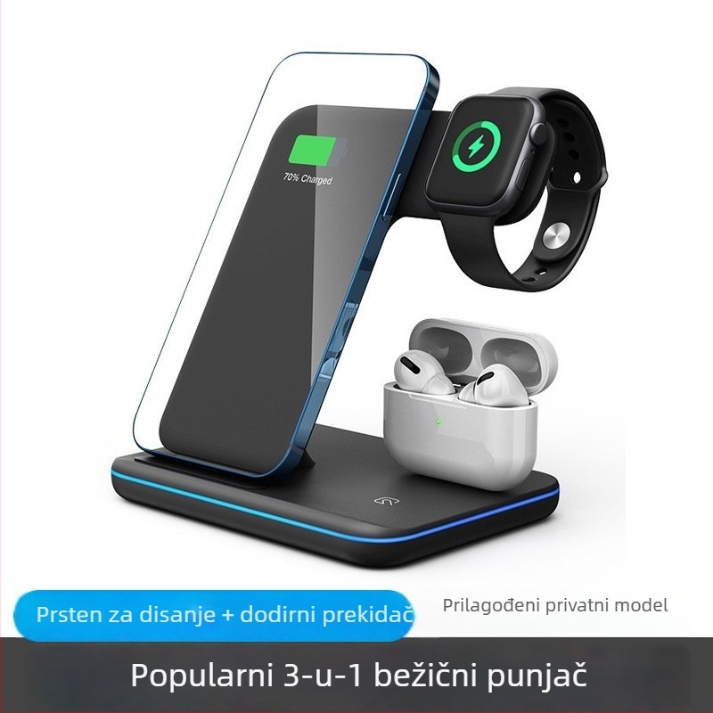 3-u-1 bežični punjač s držačem za iPhone, AirPods i Apple Watch — 15W, QC3.0, ulaz 12V, izlaz 3A