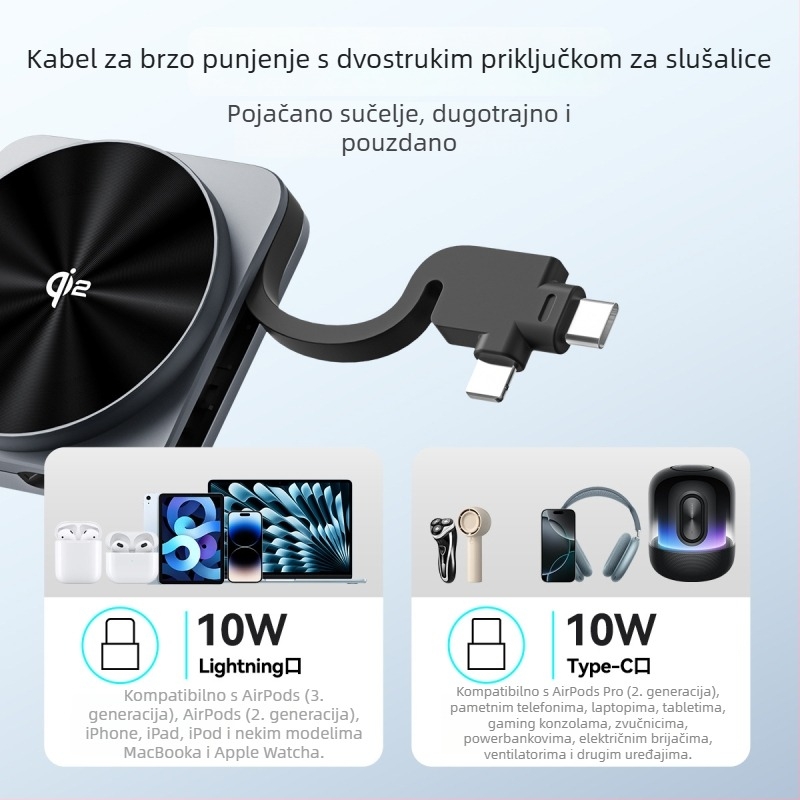 Troj-in-1 stolni bežični punjač s QI2 za Apple Watch, magnetsko punjenje, brzo punjenje, ukupna snaga 22,5W, izlaz 15W/10W/7,5W/5W