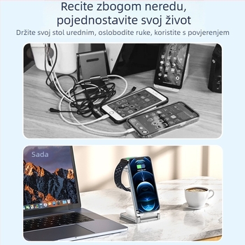 Tri-in-1 stolni bežični brzo punjač s mogućnošću sklapanja i spremnikom za pohranu, magnetsko punjenje, digitalni zaslon, za iPhone 15 (do 15W)