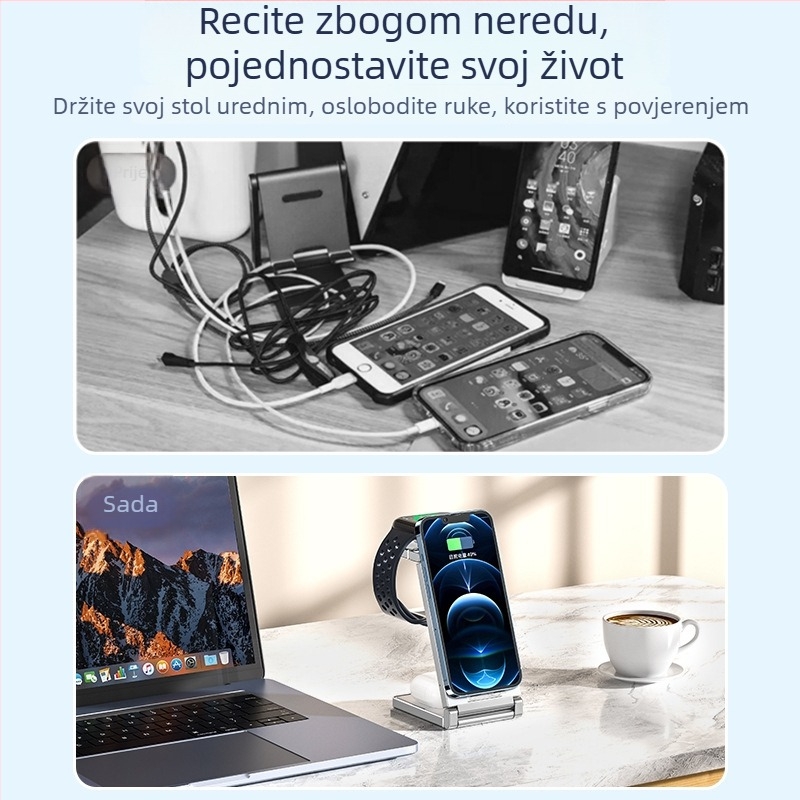 Tri-in-1 stolni bežični brzo punjač s mogućnošću sklapanja i spremnikom za pohranu, magnetsko punjenje, digitalni zaslon, za iPhone 15 (do 15W)