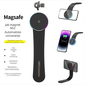 Automobilski bežični punjač Qi2, snažno magnetsko držanje, sklopivi držač za telefon, 15W QC3.0