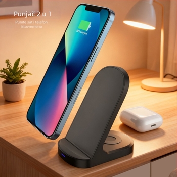 Bežični punjač 15W brzog punjenja za slušalice i pametni telefon; istovremeno punjenje; izlaz 2A, QC 3.0