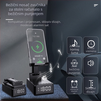 3-u-1 sklopivi držač za telefon s bežičnim punjenjem 15W, Bluetooth zvučnik, budilica i bijeli šum za spavanje