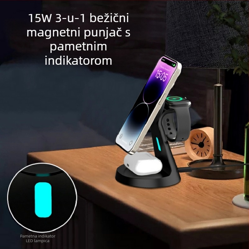 3-u-1 bežični magnetski brzo punjač za iPhone 12, mobitel, slušalice i sat