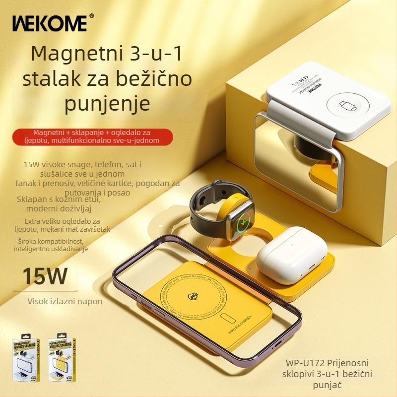 WEKOME Prijenosni sklopivi 3-u-1 bežični punjač s magnetskim vertikalnim držačem za telefon, 15W brzo punjenje, 3A izlaz, QC3.0
