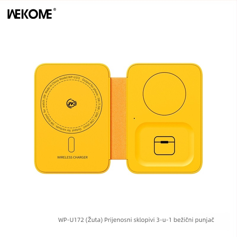 WEKOME Prijenosni sklopivi 3-u-1 bežični punjač s magnetskim vertikalnim držačem za telefon, 15W brzo punjenje, 3A izlaz, QC3.0
