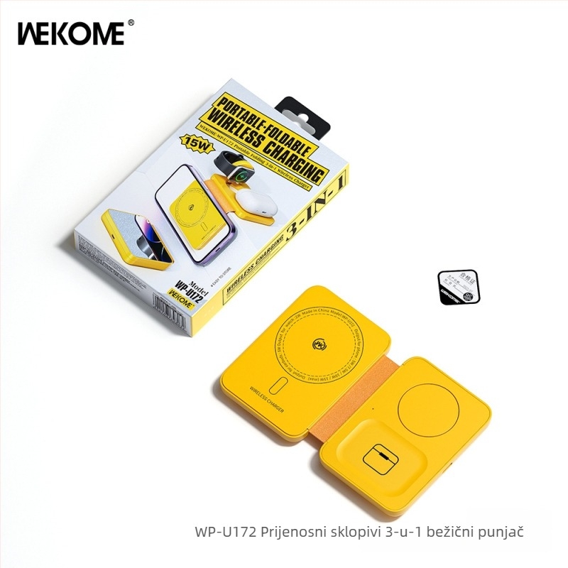 WEKOME Prijenosni sklopivi 3-u-1 bežični punjač s magnetskim vertikalnim držačem za telefon, 15W brzo punjenje, 3A izlaz, QC3.0