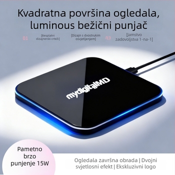 Kvadratni bežični punjač za mobitele sa svjetlećim ogledalom, aluminijska legura, 15W, Type-C, brzo punjenje, tisak logotipa