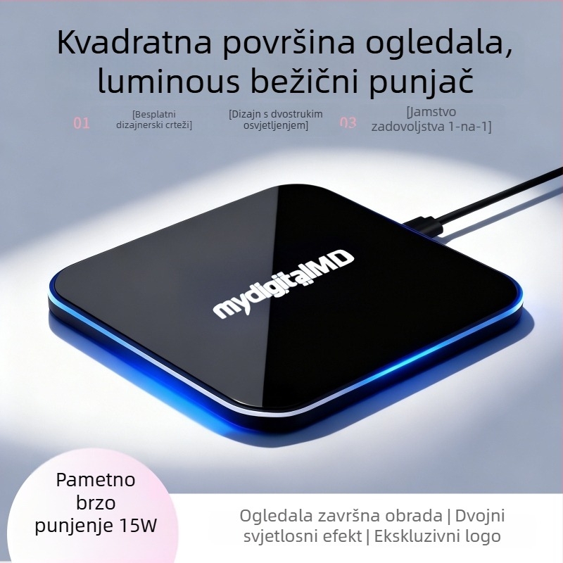 Kvadratni bežični punjač za mobitele sa svjetlećim ogledalom, aluminijska legura, 15W, Type-C, brzo punjenje, tisak logotipa