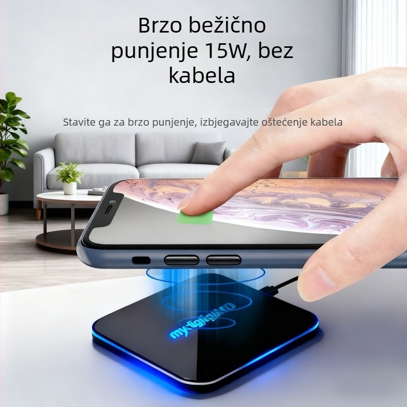 Kvadratni bežični punjač za mobitele sa svjetlećim ogledalom, aluminijska legura, 15W, Type-C, brzo punjenje, tisak logotipa