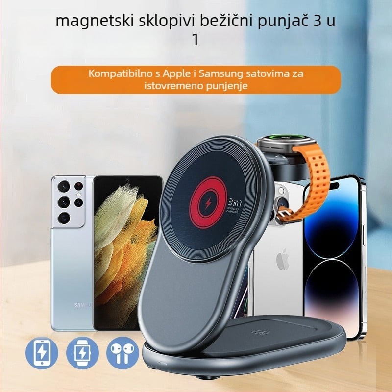 Sklopivi magnetski bežični punjač 3-u-1, kompatibilan sa satovima, 15W brzo punjenje