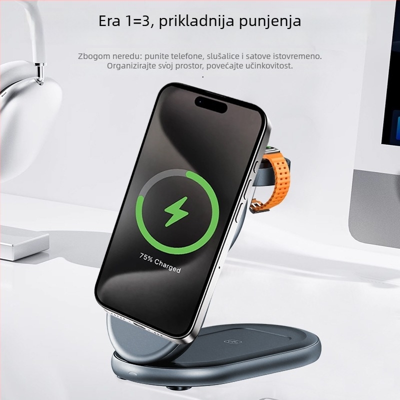 Sklopivi magnetski bežični punjač 3-u-1, kompatibilan sa satovima, 15W brzo punjenje