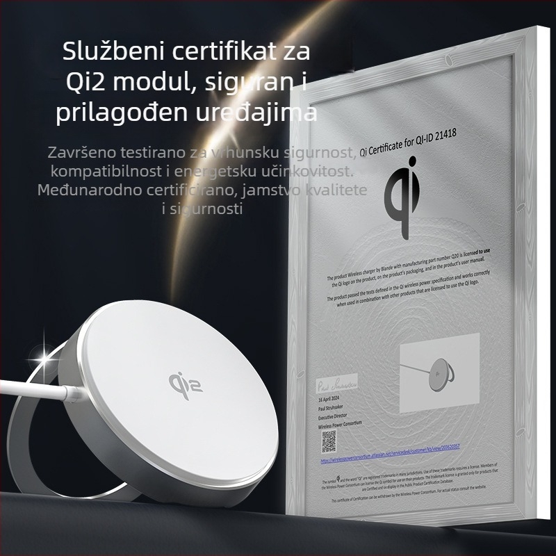 Qi2 bežični punjač s držačem – 15W magnetsko bežično brzo punjenje, aluminijska legura, QC3.0, za Q20