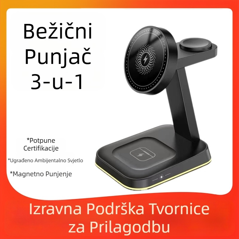 Magnetsko bežično punjenje s noćnom lampom i stolnim držačem za Apple uređaje, QC3.0, 15W, 3A