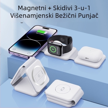 Sklopivi 3-u-1 magnetski bežični punjač za brzo punjenje (izlaz 15W, ukupna snaga 20W, magnetsko punjenje, QC 3.0, 9V/2A-12V/2A)