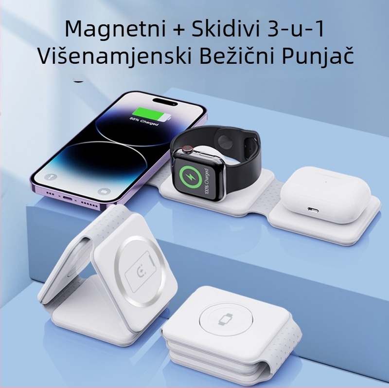 Sklopivi 3-u-1 magnetski bežični punjač za brzo punjenje (izlaz 15W, ukupna snaga 20W, magnetsko punjenje, QC 3.0, 9V/2A-12V/2A)