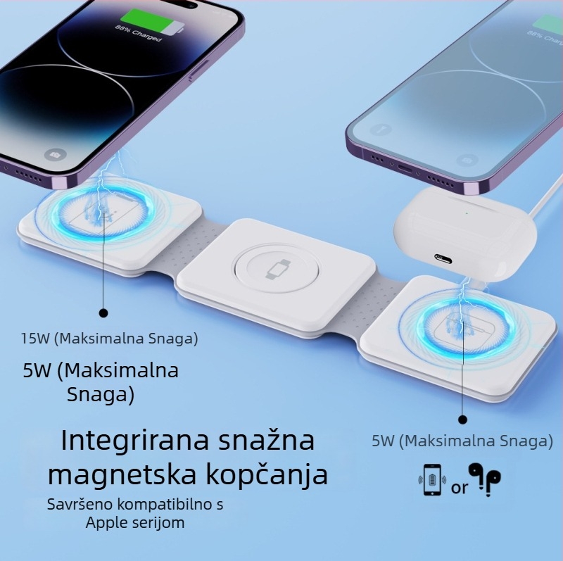 Sklopivi 3-u-1 magnetski bežični punjač za brzo punjenje (izlaz 15W, ukupna snaga 20W, magnetsko punjenje, QC 3.0, 9V/2A-12V/2A)