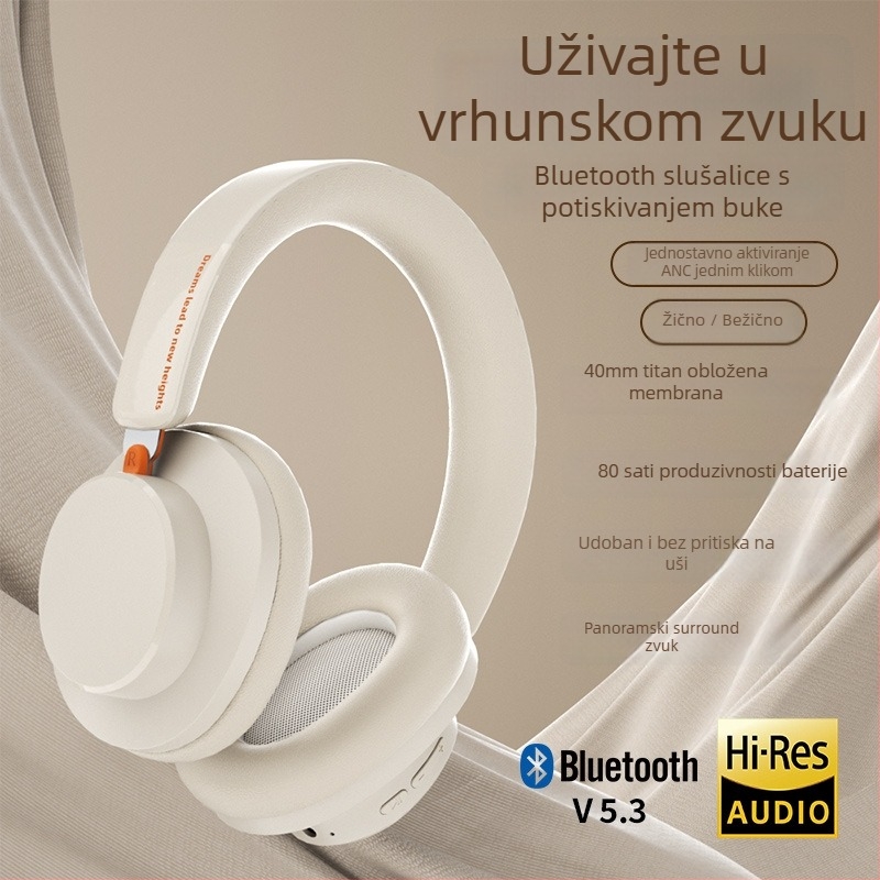 Bežične slušalice za glavu s aktivnim smanjenjem buke, snažan bas, privatni kalup, Bluetooth 5.4, vijek baterije 4–8 sati