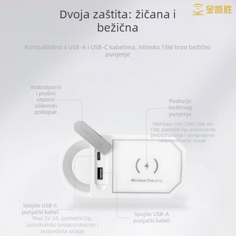 Ugrađivački stolni punjač za namještaj 3-u-1 s otvorom za kabel, dvostrukim USB portovima i bežičnim punjenjem 15W, CE certifikat