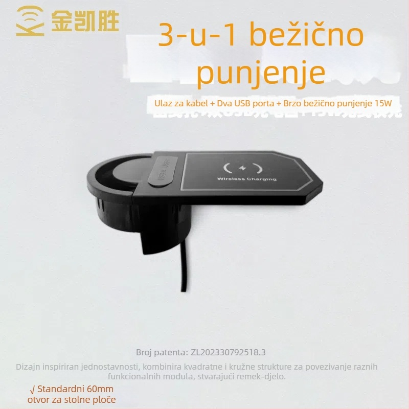 Ugrađivački stolni punjač za namještaj 3-u-1 s otvorom za kabel, dvostrukim USB portovima i bežičnim punjenjem 15W, CE certifikat