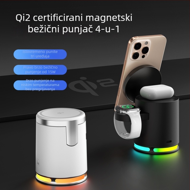 3-u-1 bežični punjač s MagSafe za telefon, slušalice i sat, stolno RGB osvjetljenje