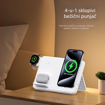 Četiri u jednom bežični punjač za iPhone, AirPods i Apple Watch s magnetskim sklopnim dizajnom i brzim punjenjem, ukupna snaga 33W (telefon do 15W, slušalice 2,5W) QC3.0