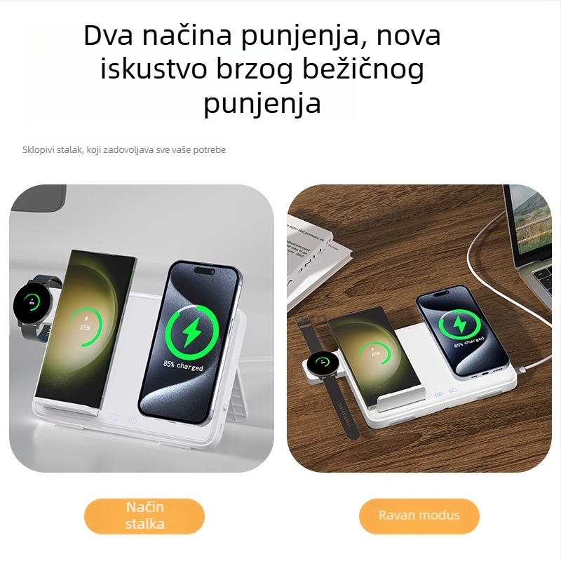 Četiri u jednom bežični punjač za iPhone, AirPods i Apple Watch s magnetskim sklopnim dizajnom i brzim punjenjem, ukupna snaga 33W (telefon do 15W, slušalice 2,5W) QC3.0