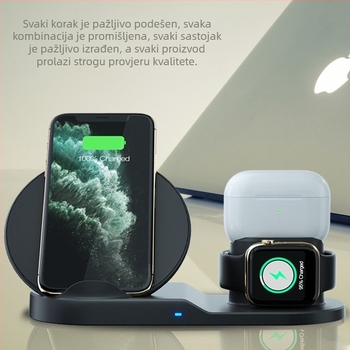 3-u-1 bežični punjač, 15W brzo punjenje, stolni uspravni držač, kompatibilno s Apple uređajima