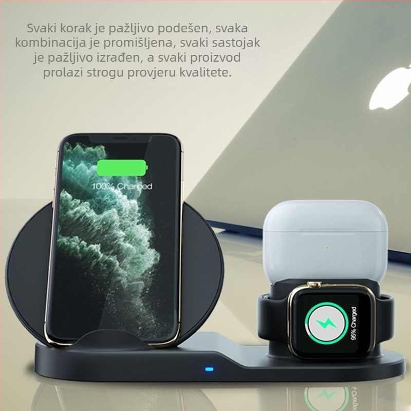 3-u-1 bežični punjač, 15W brzo punjenje, stolni uspravni držač, kompatibilno s Apple uređajima