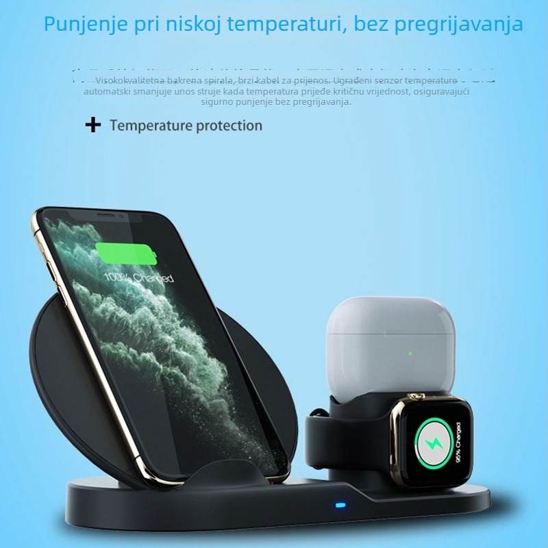 3-u-1 bežični punjač, 15W brzo punjenje, stolni uspravni držač, kompatibilno s Apple uređajima