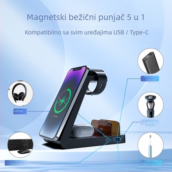 Pet u jednom magnetski punjač-stalak za Apple iPhone i iPad – Ukupna snaga 36W, QC3.0 brzo punjenje, magnetsko punjenje, izlaz 9V2A