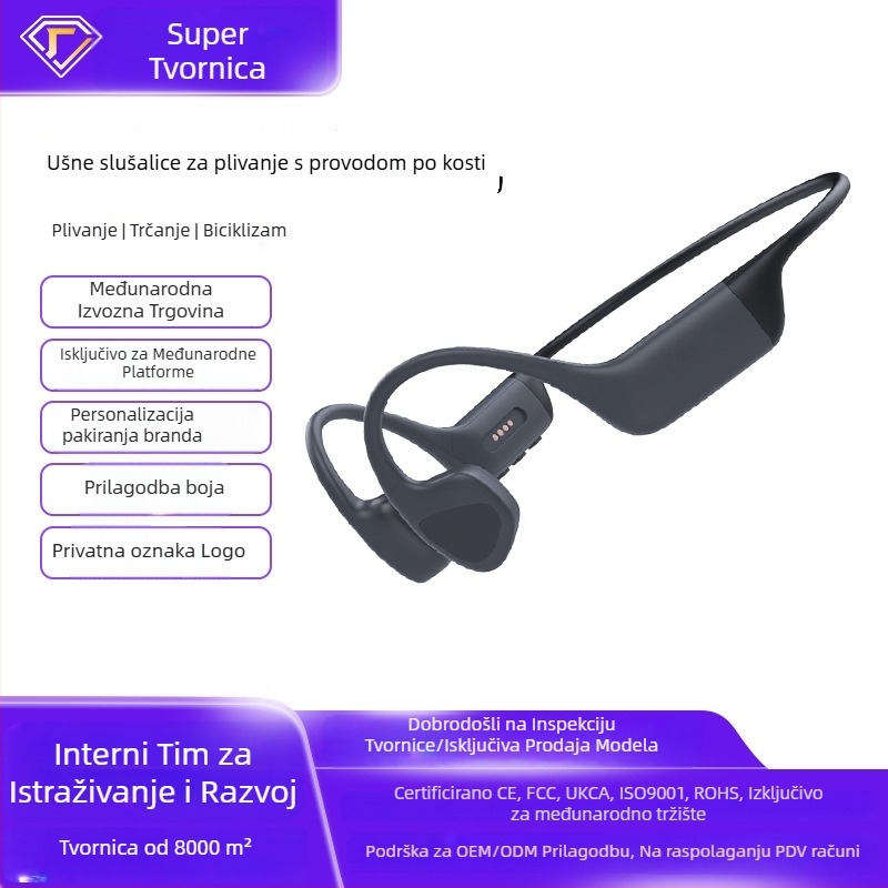 Slušalice s kostnom provodljivošću, s trakom za glavu, IPX8 vodootporne, Bluetooth 5.4, trajanje baterije 4–8 sati