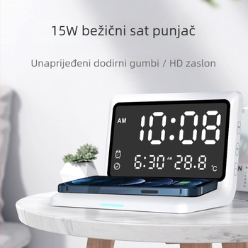 Bežično punjač za sat s budilicom, 3 u 1, Qi brzo punjenje do 15W, Apple kompatibilan