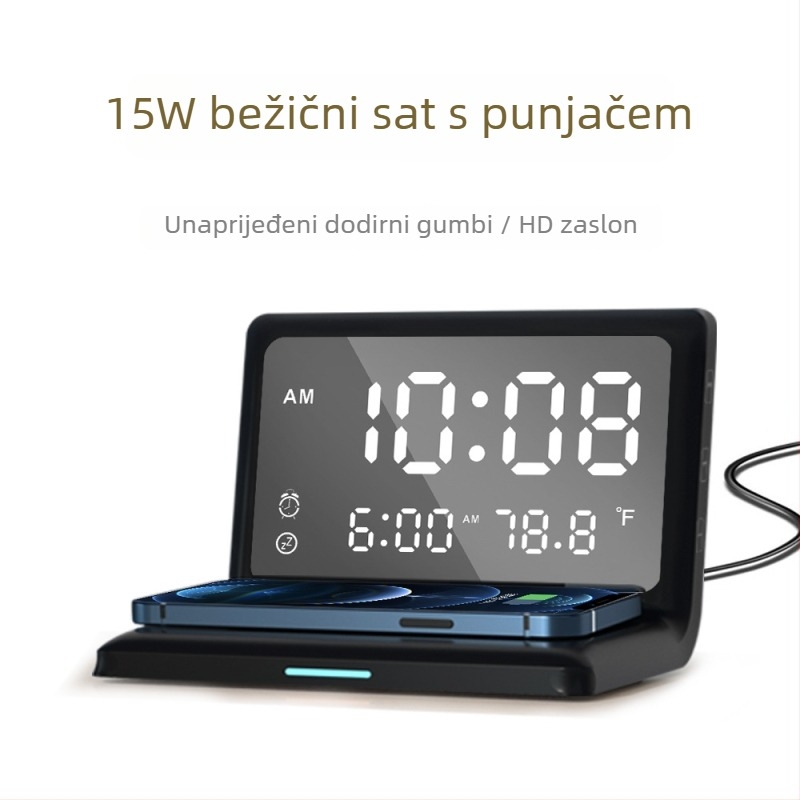 Bežično punjač za sat s budilicom, 3 u 1, Qi brzo punjenje do 15W, Apple kompatibilan