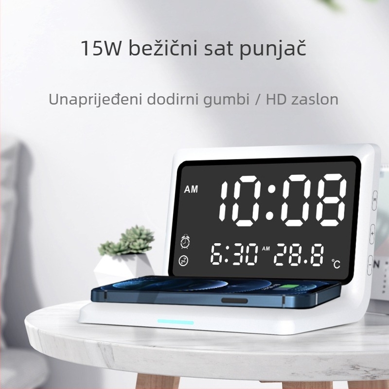 Bežično punjač za sat s budilicom, 3 u 1, Qi brzo punjenje do 15W, Apple kompatibilan