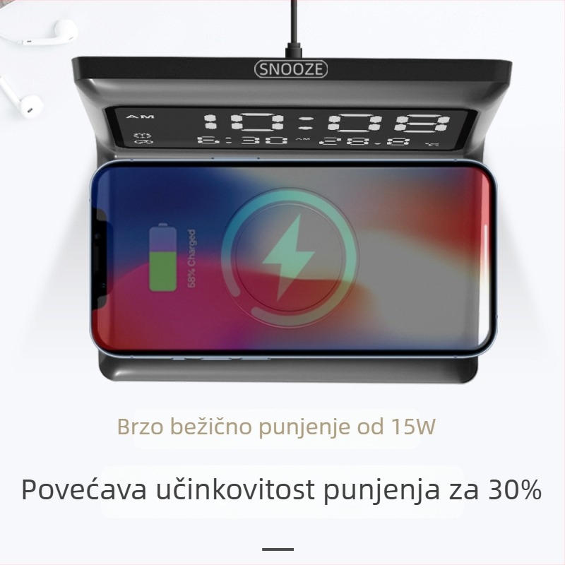 Bežično punjač za sat s budilicom, 3 u 1, Qi brzo punjenje do 15W, Apple kompatibilan