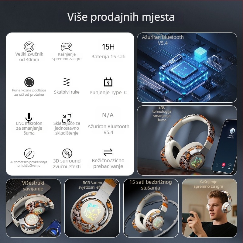 Bluetooth 5.4 gaming slušalice za glavu, domet do 10 m, stereo, trajanje baterije preko 8 sati