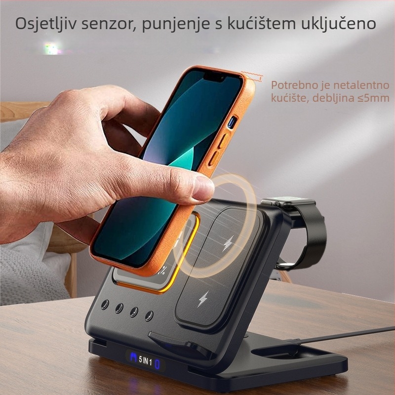 Skopljivi bežični punjač tri u jedan za Apple i Huawei telefone, slušalice i sat — izlazna snaga 15W, ukupna snaga 18W, QC3.0 brzo punjenje