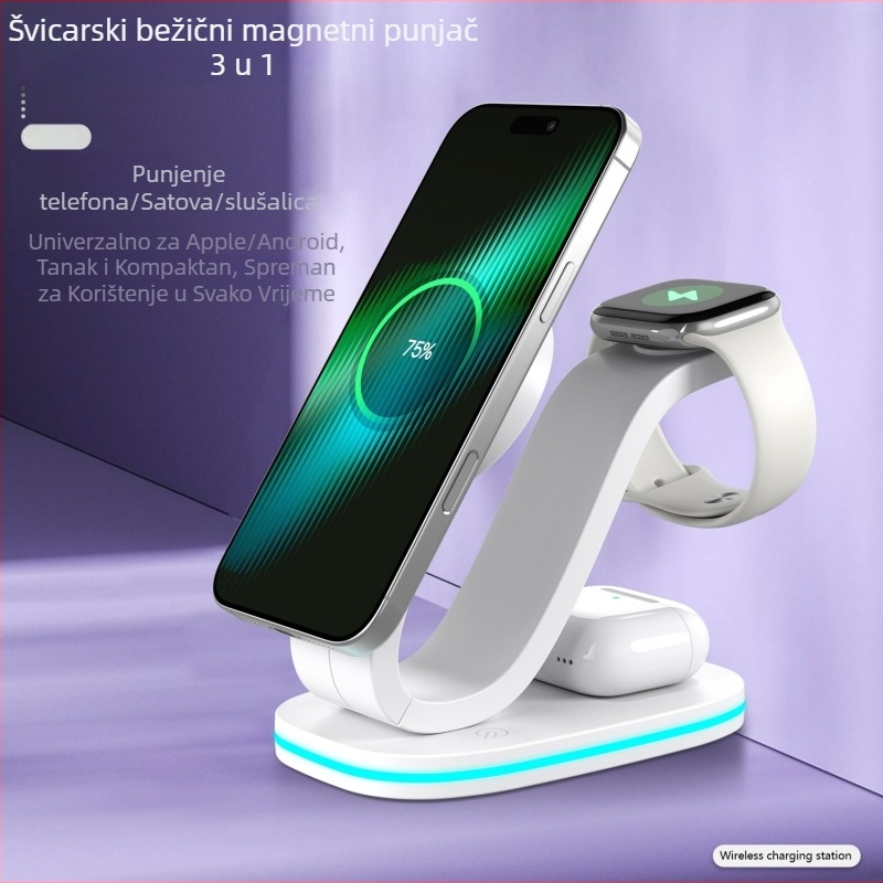 3-u-1 magnetski bežični punjač za Apple uređaje – iPhone, AirPods i Apple Watch, 15W brzo punjenje, izlaz 2A, QC3.0