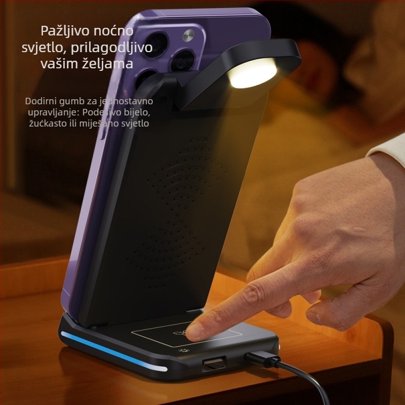 Sklopivi bežični punjač 5-u-1 s noćnim svjetlom, Qi 15W brzo bežično punjenje za telefon, sat i slušalice